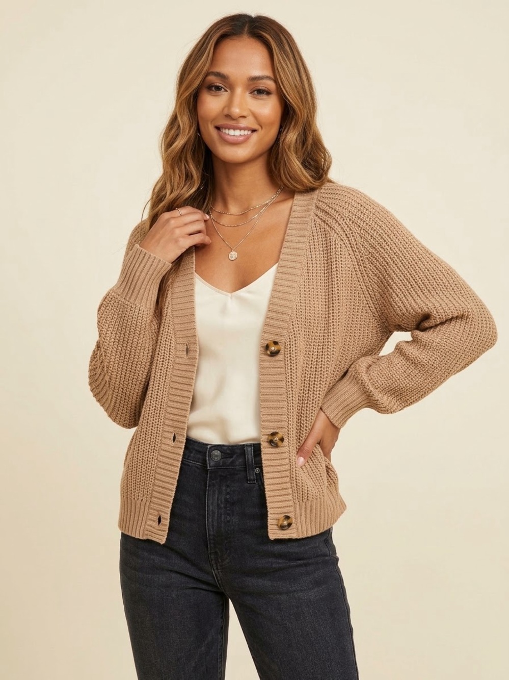 NWT Zeagoo Chunky Knit V-Neck Cardigan Sweater Tan Beige S (Fits M)